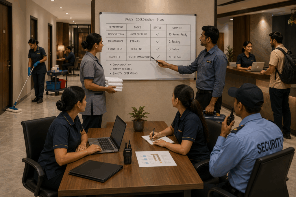 PG staff coordination meeting with housekeeping, maintenance, security, and front-desk teams planning daily operations and workflow management inside a modern co-living property.
