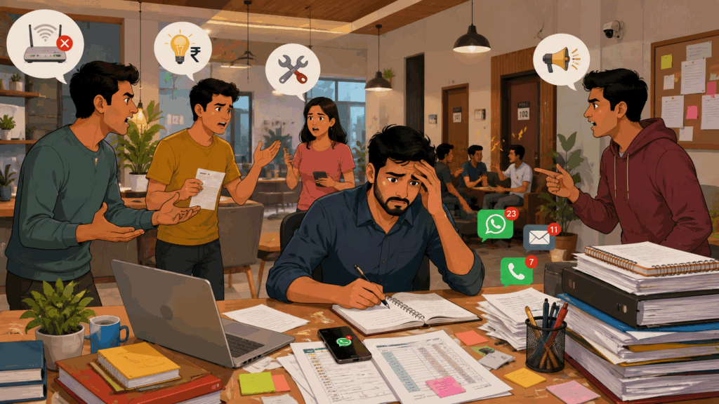 Dealing with Difficult Tenants, Dealing with Difficult Tenants: A Legal and Diplomatic Guide, Rentok Illustration of a stressed PG manager handling multiple tenant complaints related to maintenance, Wi-Fi, electricity bills, and hostel operations inside a modern Indian co-living property.