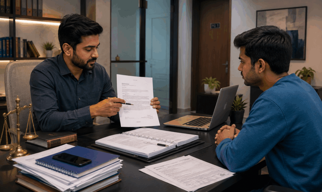 Dealing with Difficult Tenants, Dealing with Difficult Tenants: A Legal and Diplomatic Guide, Rentok Image of an Indian landlord discussing a legal notice and rental agreement with a tenant in a modern office during a PG tenant dispute resolution meeting.