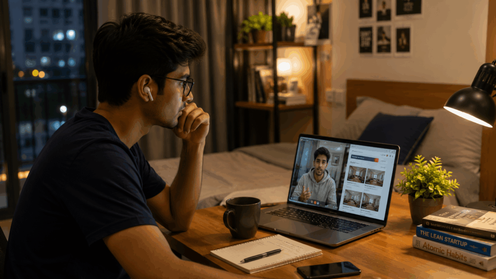 Young professional exploring co-living property options through a video call while researching PG accommodations online in a modern rental room setup.