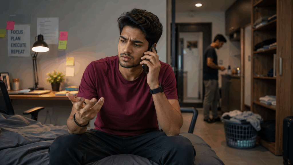Frustrated co-living tenant dealing with poor property management and delayed referral rewards while sitting in a modern PG apartment living space.