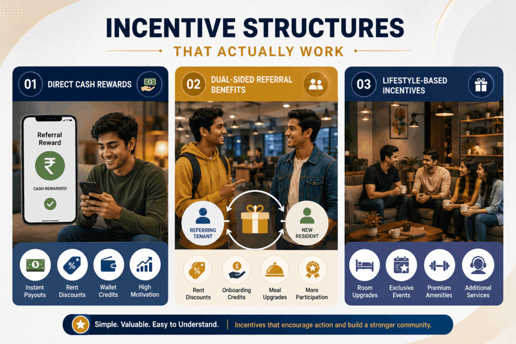 Infographic explaining effective tenant referral incentive structures for PGs and co-living spaces including direct cash rewards, dual-sided referral benefits, and lifestyle-based incentives.