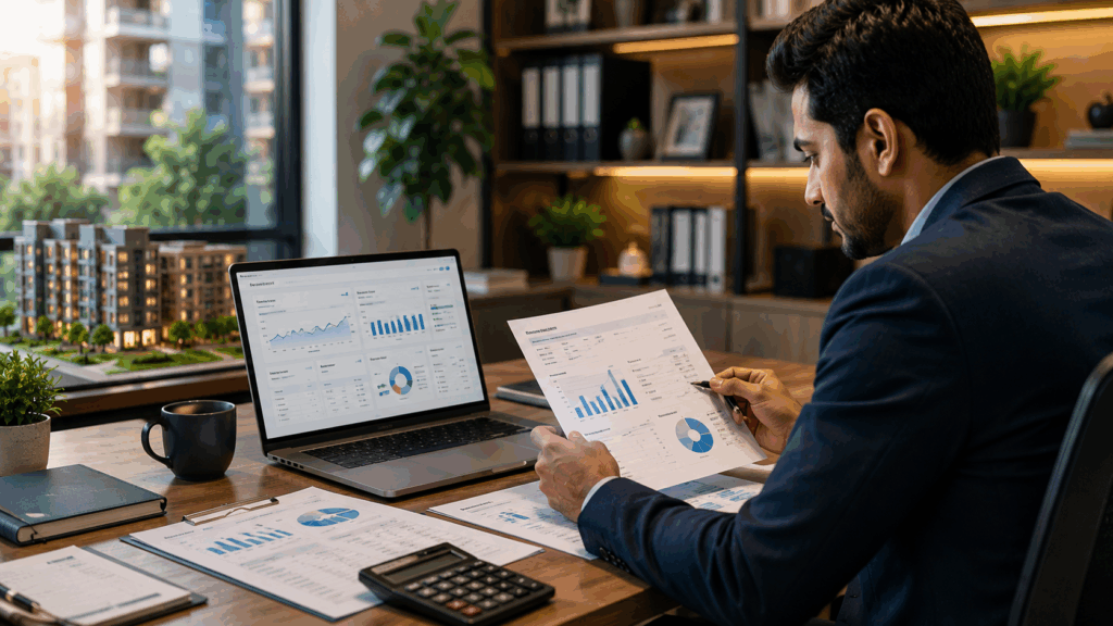 Professional property manager reviewing owner reports, rental analytics, occupancy trends, revenue insights, and expense breakdowns inside a modern co-living and property management office workspace.