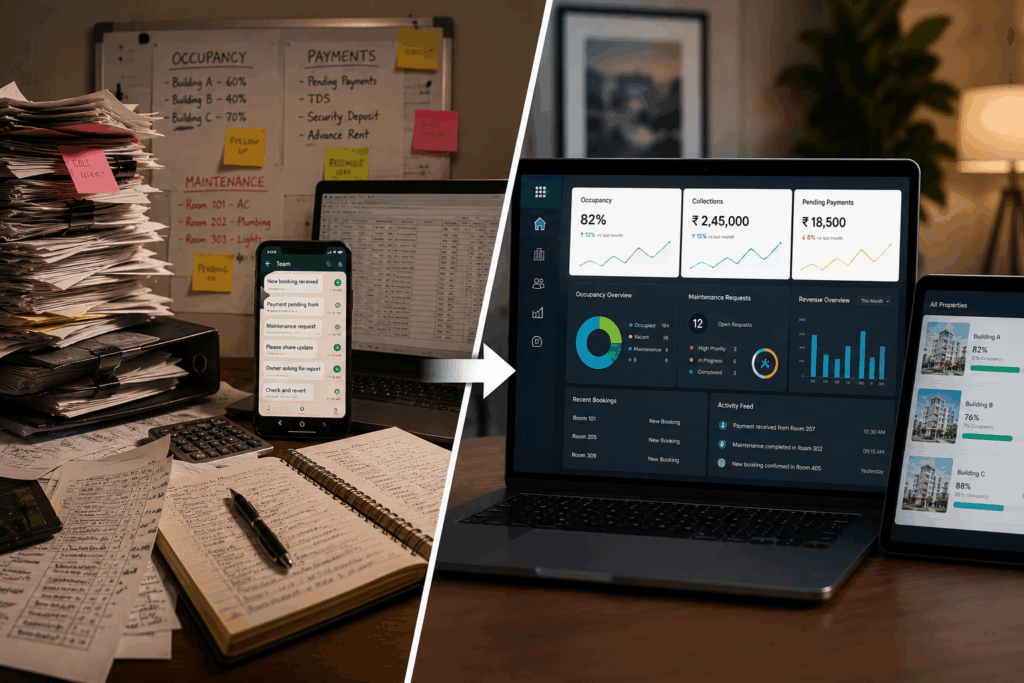 Split-screen comparison showing manual property management workflows with paperwork and spreadsheets versus modern real-time rental reporting dashboards for occupancy tracking, payment visibility, maintenance management, and centralized property operations.