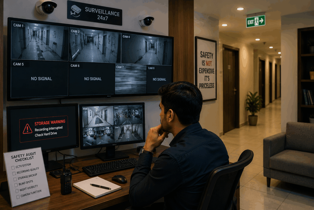 Security audit inspection inside a modern Indian PG showing CCTV monitoring failures, inactive surveillance feeds, storage warning alerts, and operational safety review in a professionally managed co-living property.