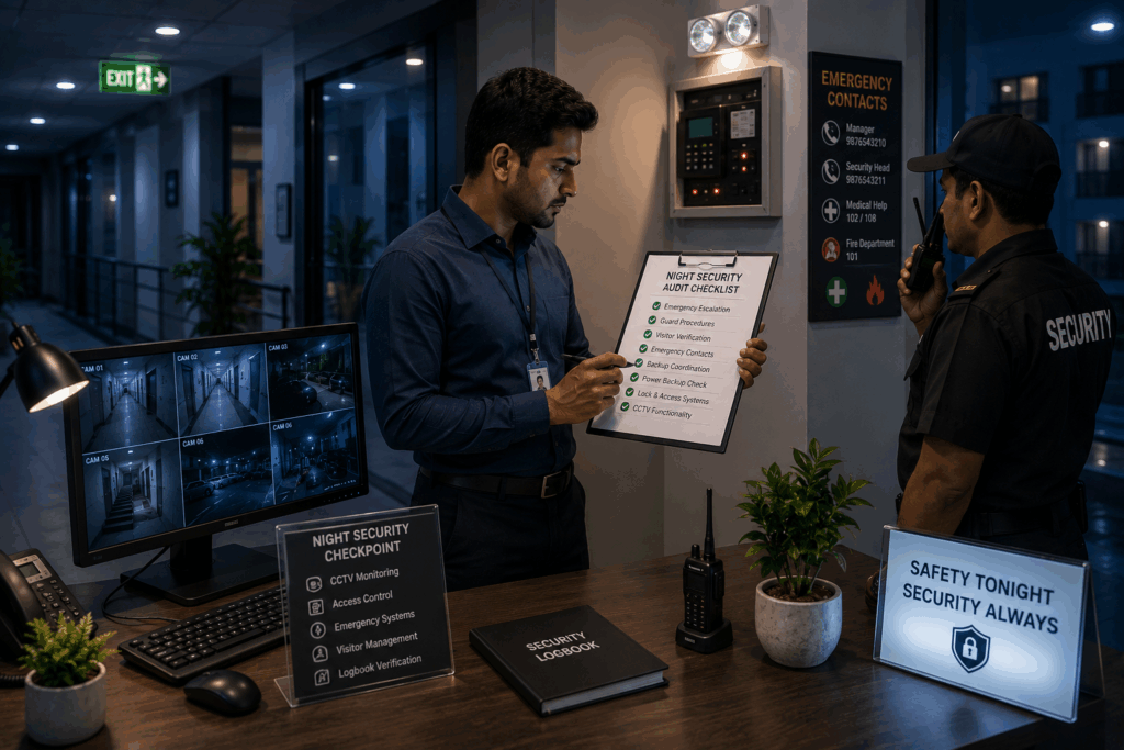 Night security audit inside a modern Indian PG showing CCTV monitoring, emergency response coordination, visitor verification systems, and structured late-night safety protocols in a professionally managed co-living property.