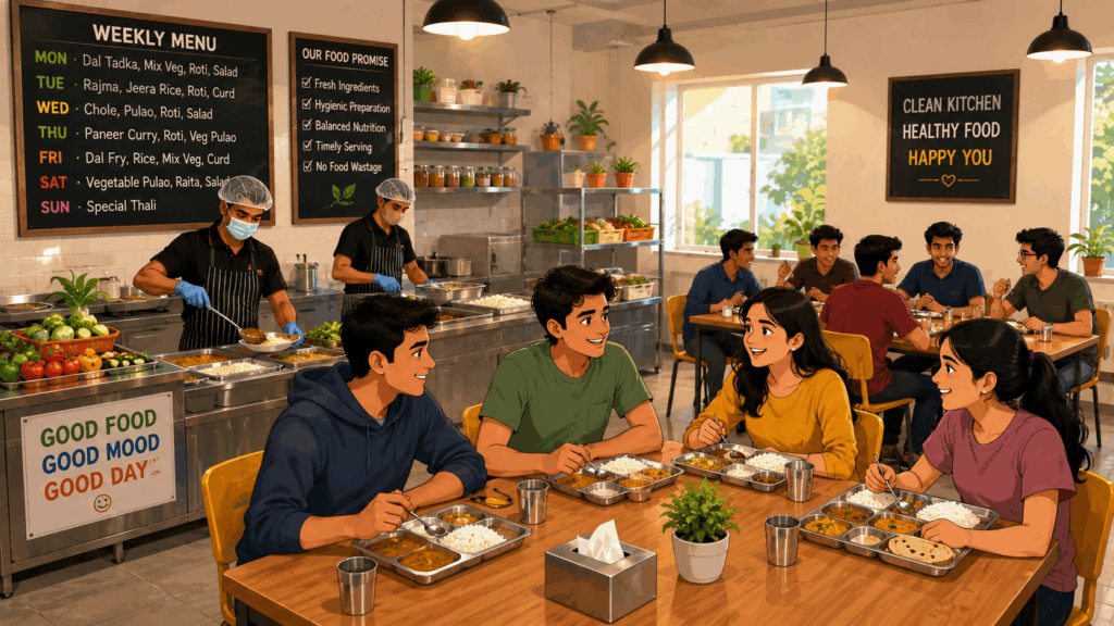 Illustration of a modern hostel and PG mess kitchen with students dining, hygienic food preparation, structured menu planning, and professional food quality management in a co-living environment.