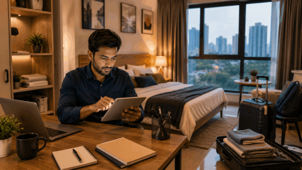 Managing Mid-Term Stays, Managing Mid-Term Stays: The Gap Between PG and Airbnb, Rentok Mid-term rental apartment management setup with property manager reviewing booking schedules and occupancy planning inside a modern furnished co-living space designed for 3 to 6 month stays.