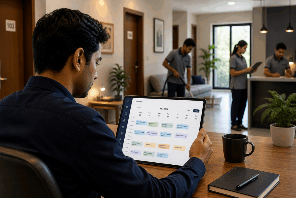 PG owner managing daily operations using a digital calendar while caretakers perform tasks in a co-living property