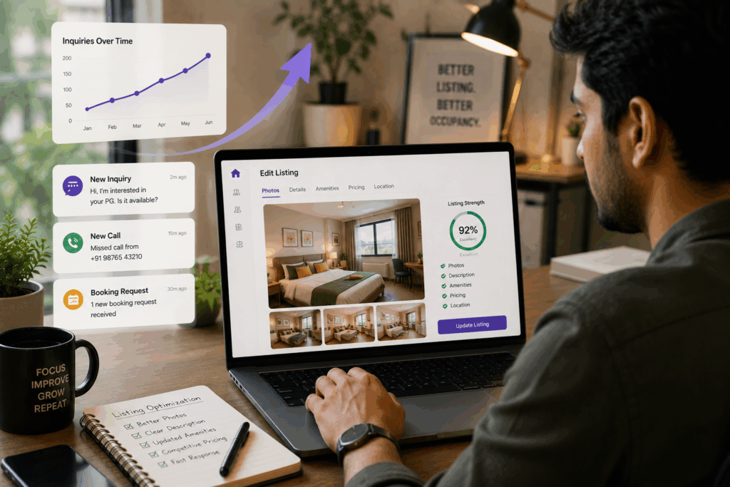 Property manager optimizing a PG rental listing online with improved photos, inquiry growth, and professional listing management.