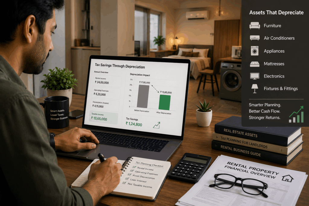 Landlord reviewing rental property depreciation, tax savings, and asset management for furnished rental properties and PGs.