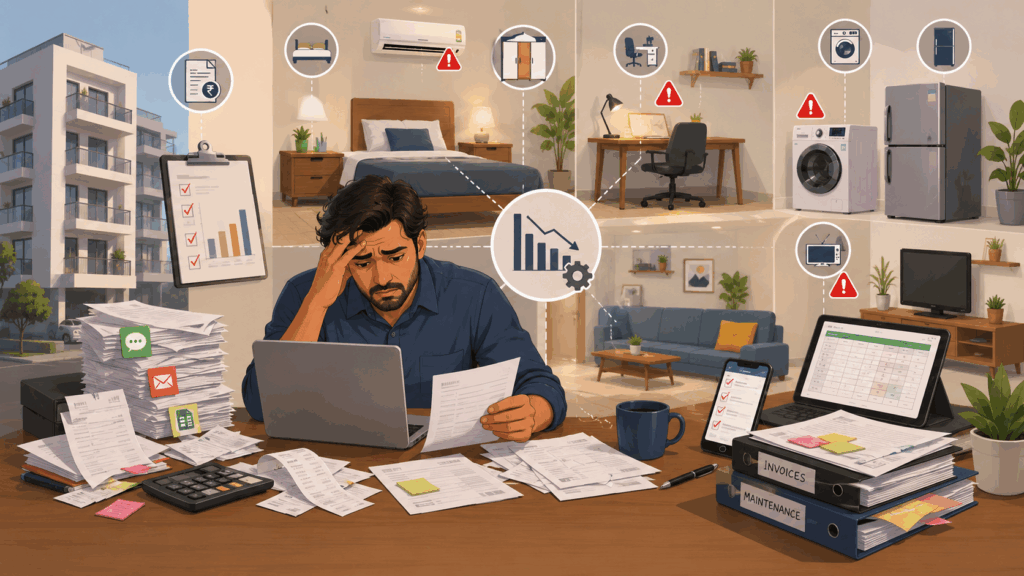 Landlord struggling with rental property depreciation management, surrounded by invoices, maintenance records, and furnished rental assets inside a modern co-living apartment.