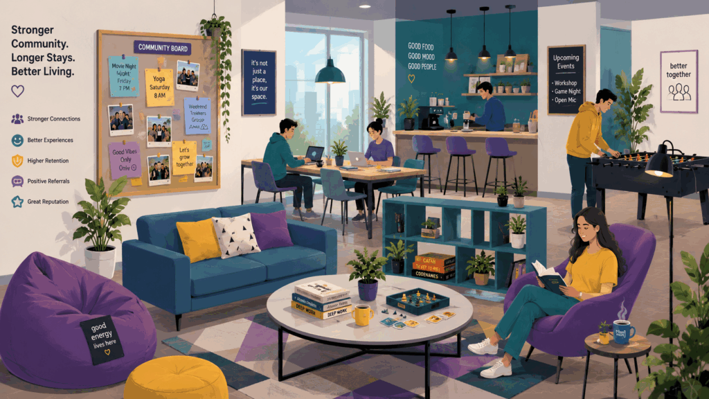 Illustration of a modern co-living community space with shared work areas, lounge seating, community boards, and residents interacting comfortably to represent resident engagement and tenant retention in co-living properties.