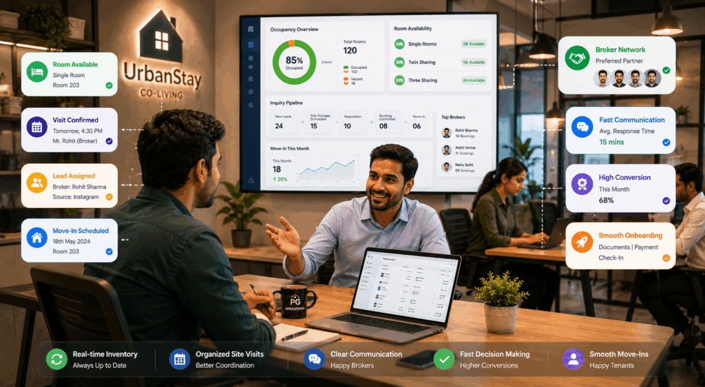 Working with Brokers, Working with Brokers: Managing Leads and Commissions Efficiently, Rentok Organized PG property management office with brokers coordinating tenant leads, occupancy tracking dashboards, room availability updates, and streamlined co-living operations workflow.