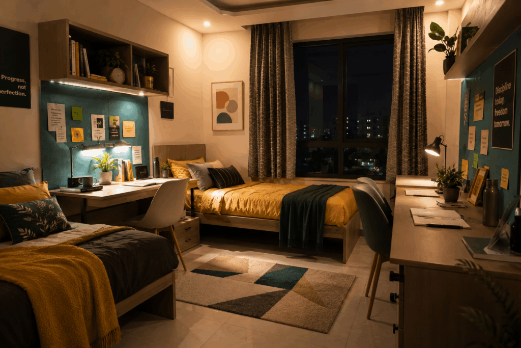 Role of Interior Lighting, The Role of Interior Lighting in Enhancing Room Value, Rentok Modern co-living PG room with warm ambient lighting, dual study setups, and comfortable beds designed to improve tenant comfort, long-term retention, and occupancy stability.