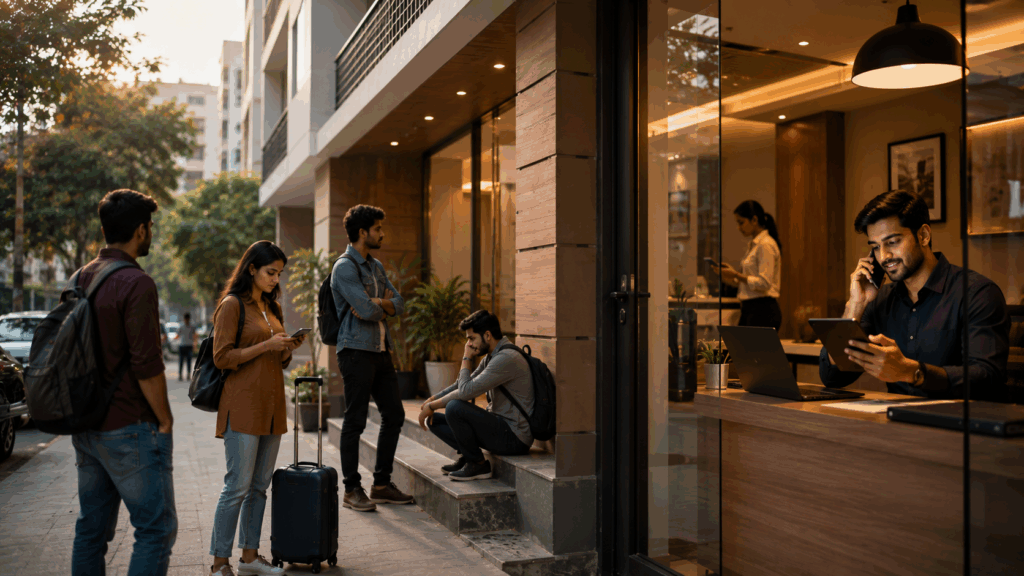 Cost Per Lead for PGs, Cost Per Lead for PGs: Are Your Ads Worth It?, Rentok Modern PG property manager handling tenant inquiries and lead coordination efficiently while prospective tenants wait outside a premium co-living building, showcasing the importance of fast response systems and organized rental operations.