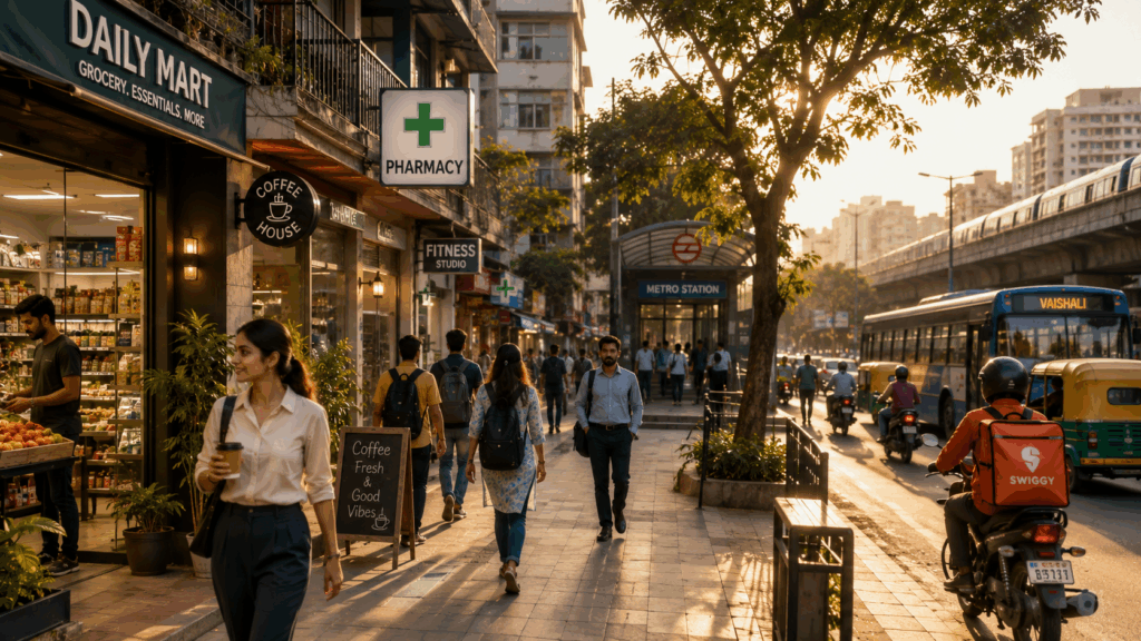 Impact of Local Infrastructure, The Impact of Local Infrastructure on PG Rents, Rentok Modern Indian PG and co-living neighborhood with metro connectivity, cafes, grocery stores, and young professionals highlighting how local infrastructure impacts rental demand and PG rents.