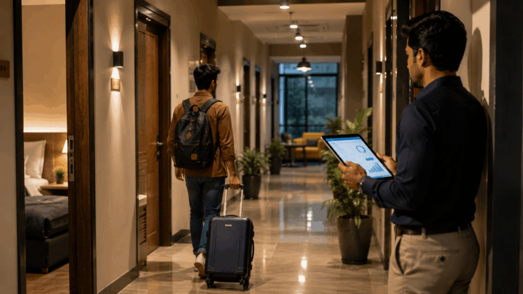 Modern PG tenant moving out with luggage while property manager tracks occupancy and lock-in period data in a premium co-living hallway.