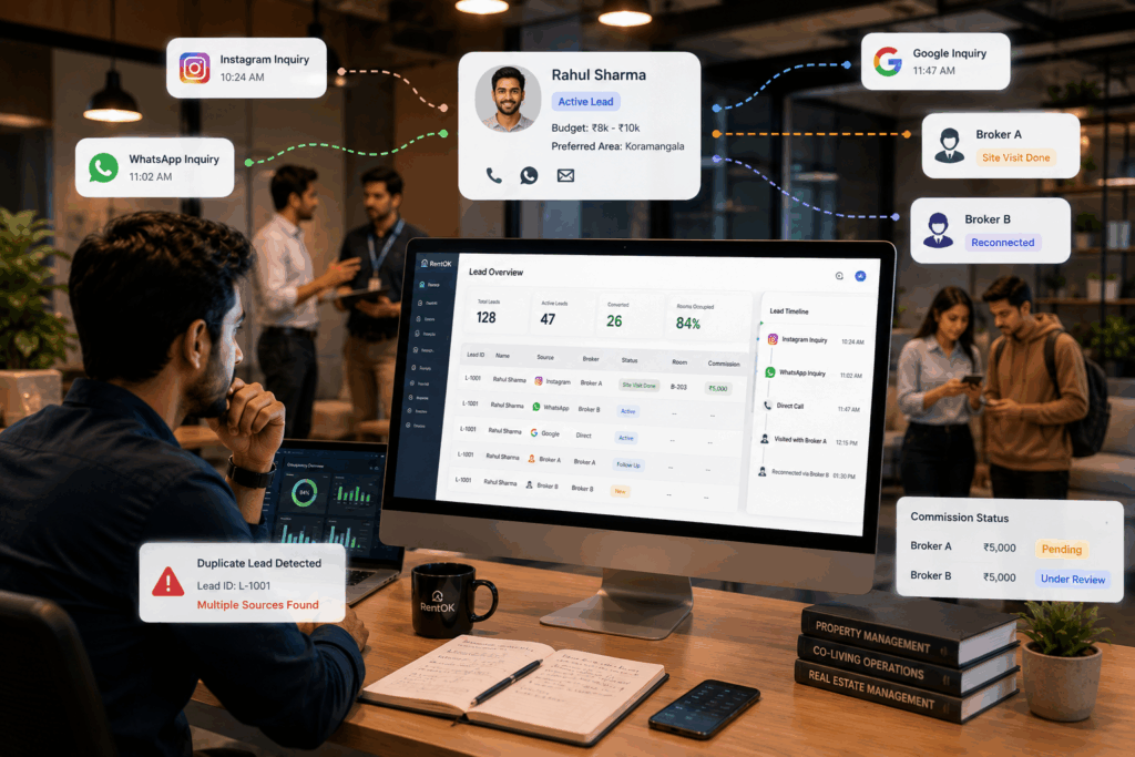 Working with Brokers, Working with Brokers: Managing Leads and Commissions Efficiently, Rentok Broker management dashboard showing multiple lead sources, occupancy tracking, duplicate inquiry detection, and commission coordination for PG and co-living property operations.