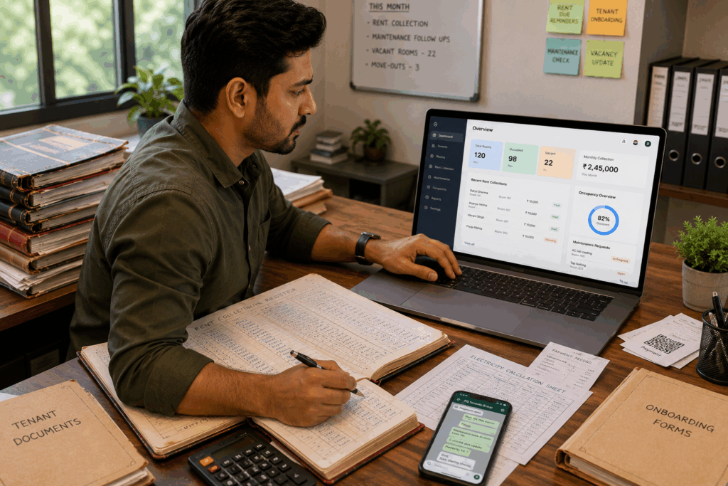 Property Management Apps, Property Management Apps to Replace Manual Registers, Rentok PG owner transferring tenant records and rent collection data from manual registers into a digital property management software platform.