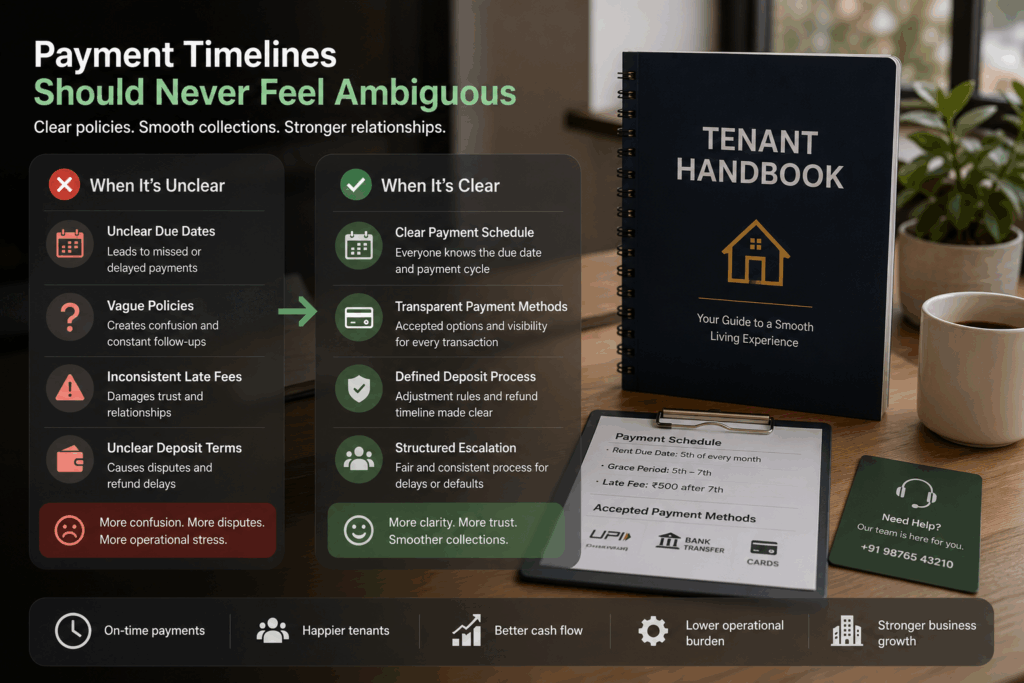 Tenant Handbook for PGs, Tenant Handbook for PGs: Rules Without Restrictions, Rentok Realistic tenant payment policy infographic showing rent due dates, payment methods, security deposit rules, and clear rental payment communication system.