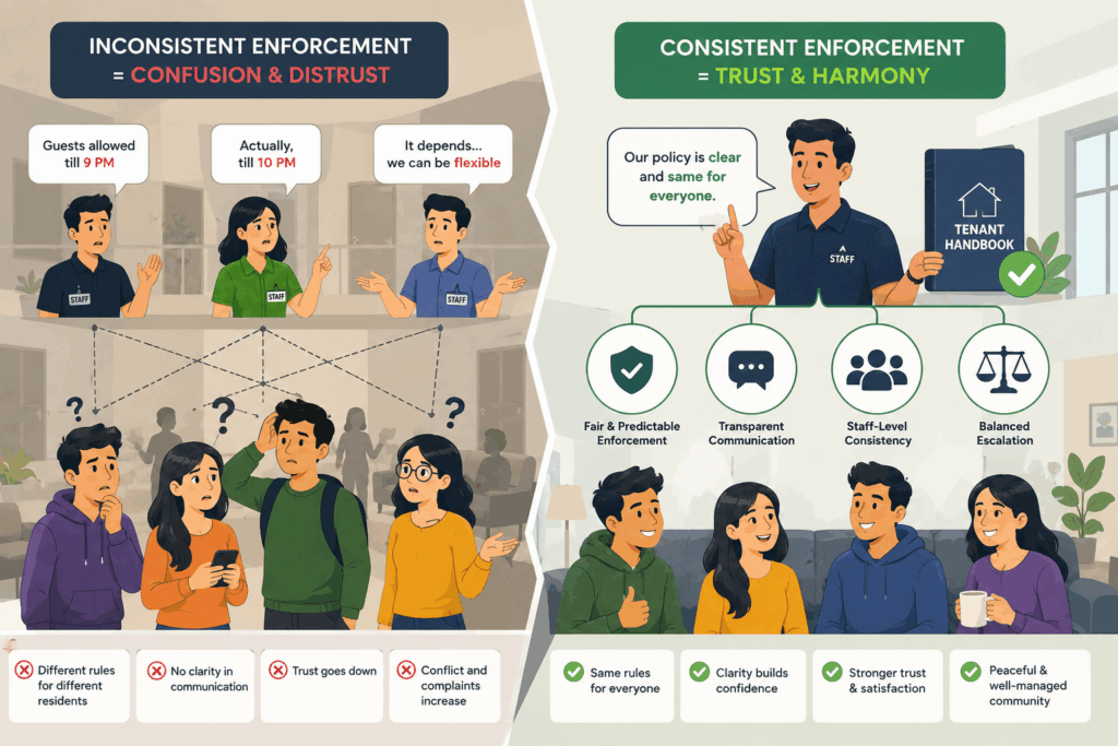 Tenant Handbook for PGs, Tenant Handbook for PGs: Rules Without Restrictions, Rentok Infographic comparing inconsistent vs consistent tenant rule enforcement in PG and co-living spaces, showing how clear communication and fair policies improve resident trust, operational consistency, and community management.