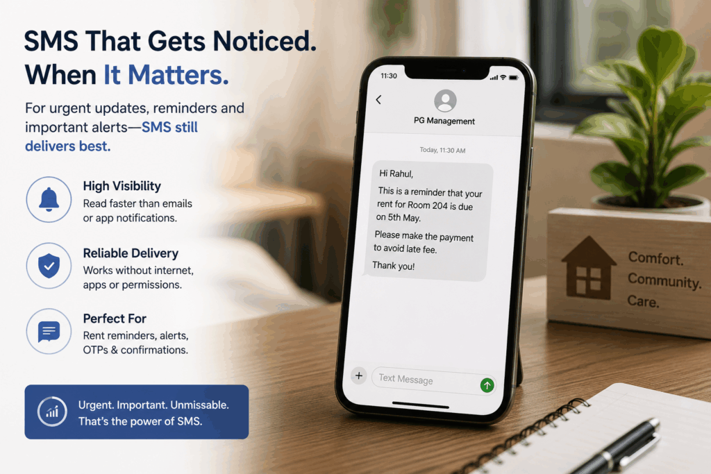 Communication Channels, Best Communication Channels for Property Management, Rentok Modern property management setup with a smartphone displaying an SMS rent reminder, representing fast tenant communication, urgent alerts, payment confirmations, and reliable SMS notifications for PG and rental operations.