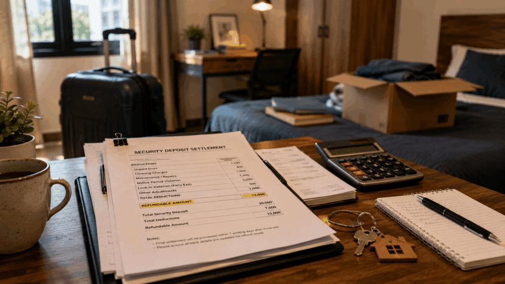 Security deposit settlement documents on table inside modern PG room during tenant move-out, showing rental deduction calculations, notice period charges, and early termination processing in co-living property management.