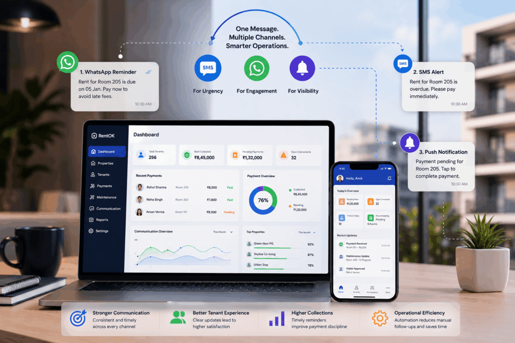 Communication Channels, Best Communication Channels for Property Management, Rentok Modern property management communication dashboard showing SMS alerts, WhatsApp rent reminders, and push notifications integrated into a multi-channel tenant communication system for PGs, co-living spaces, and rental businesses.