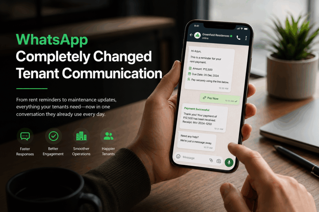 Communication Channels, Best Communication Channels for Property Management, Rentok Property manager using WhatsApp for tenant communication, rent collection, maintenance updates, and operational coordination.
