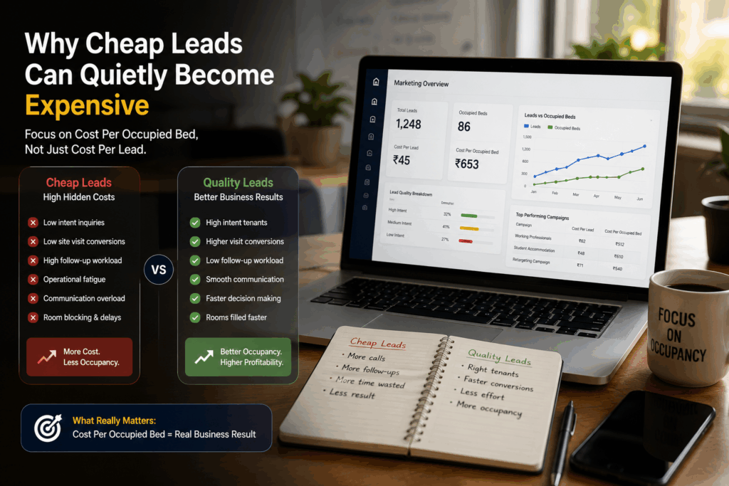 Cost Per Lead for PGs, Cost Per Lead for PGs: Are Your Ads Worth It?, Rentok Realistic rental marketing dashboard comparing cheap leads vs quality leads, showing occupancy growth, lead conversion, and property management analytics.