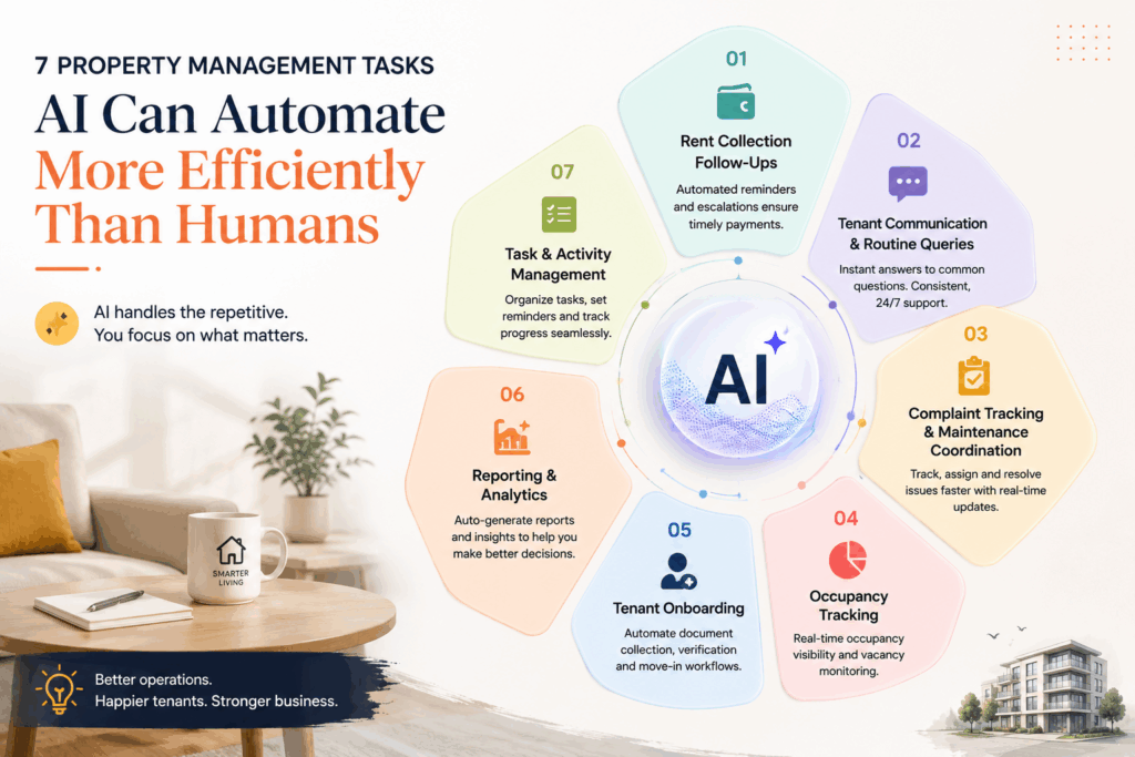 AI Property Management Tasks, 7 AI Property Management Tasks That No Longer Need Manual Work, Rentok AI-powered property management infographic showcasing seven automated tasks including rent collection, tenant communication, maintenance coordination, occupancy tracking, onboarding, reporting, and task management.