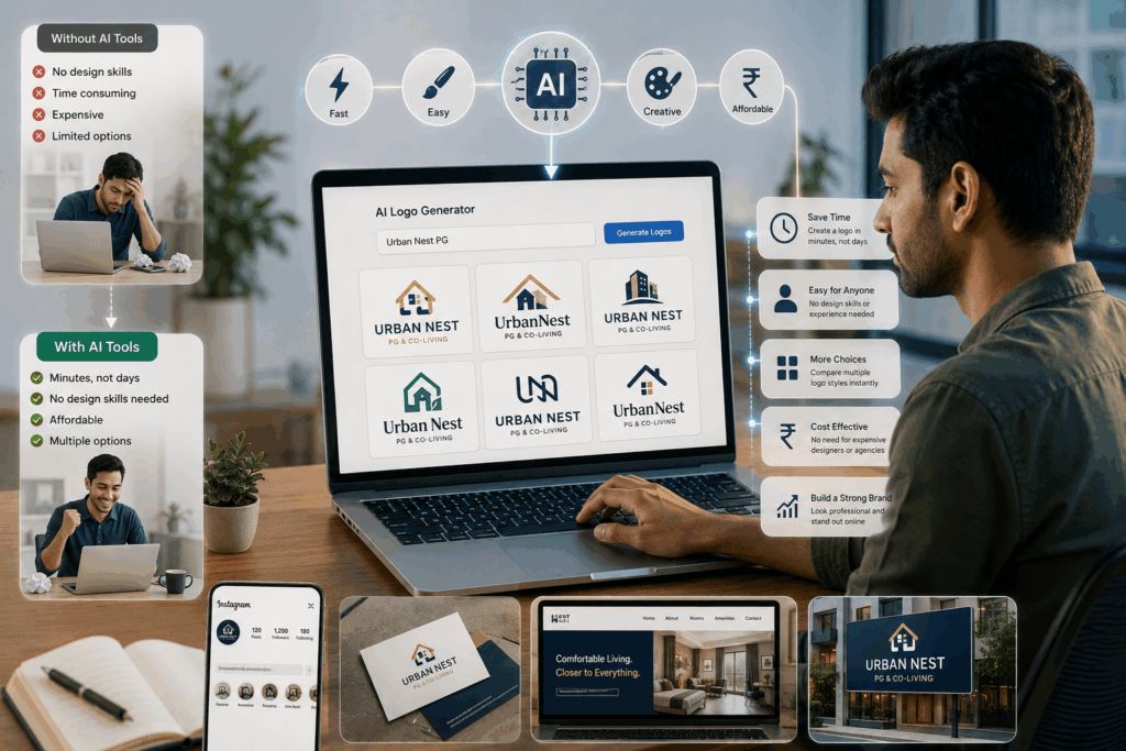 Create a Free PG Logo, How to Create a Free PG Logo in 5 Minutes, Rentok PG owner using an AI logo generator to create a professional brand identity for a co-living or PG business with website, social media, and marketing assets.