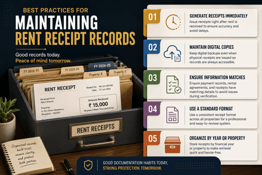 Rent Receipt Format, Rent Receipt Format India: What Every Receipt Must Include, Rentok Rent receipt record management infographic showing organized receipt storage, digital backups, standardized documentation, information verification, and property-wise record keeping for efficient rental documentation and compliance.