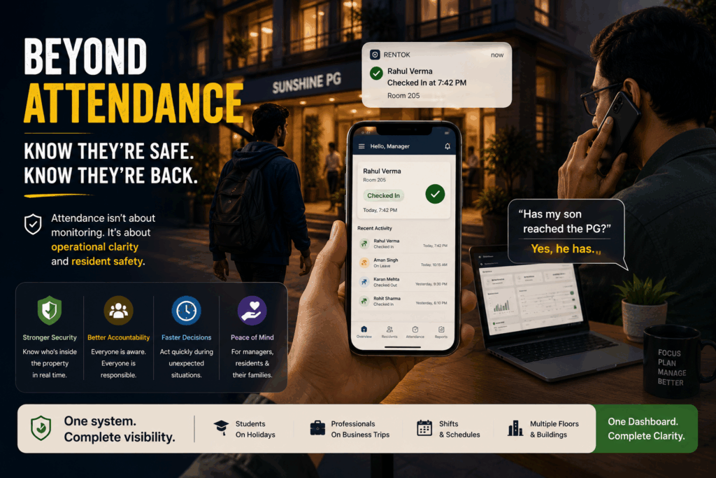 PG Attendance Without Biometric Devices, How to Mark PG Attendance Without Biometric Devices, Rentok Attendance management infographic showing a PG owner tracking resident check-ins, improving security, accountability, occupancy visibility, and resident safety through a digital attendance system.