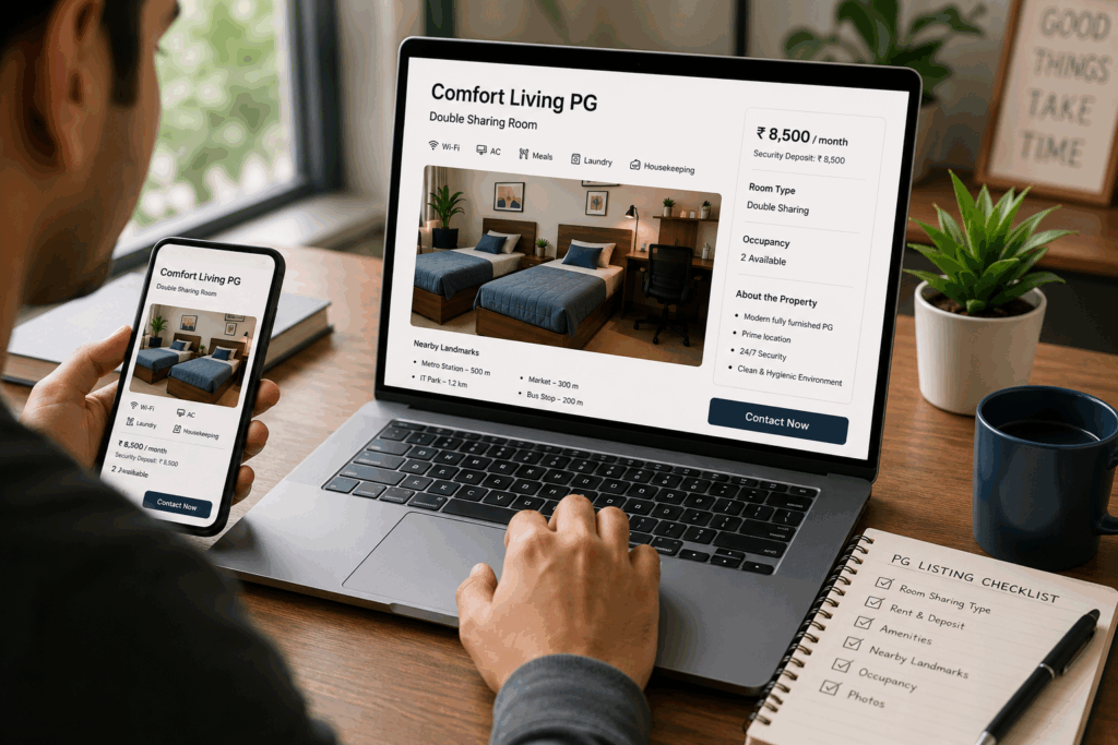Person viewing a detailed PG property listing on a laptop and smartphone, showcasing room type, rent, amenities, occupancy, and nearby landmarks.