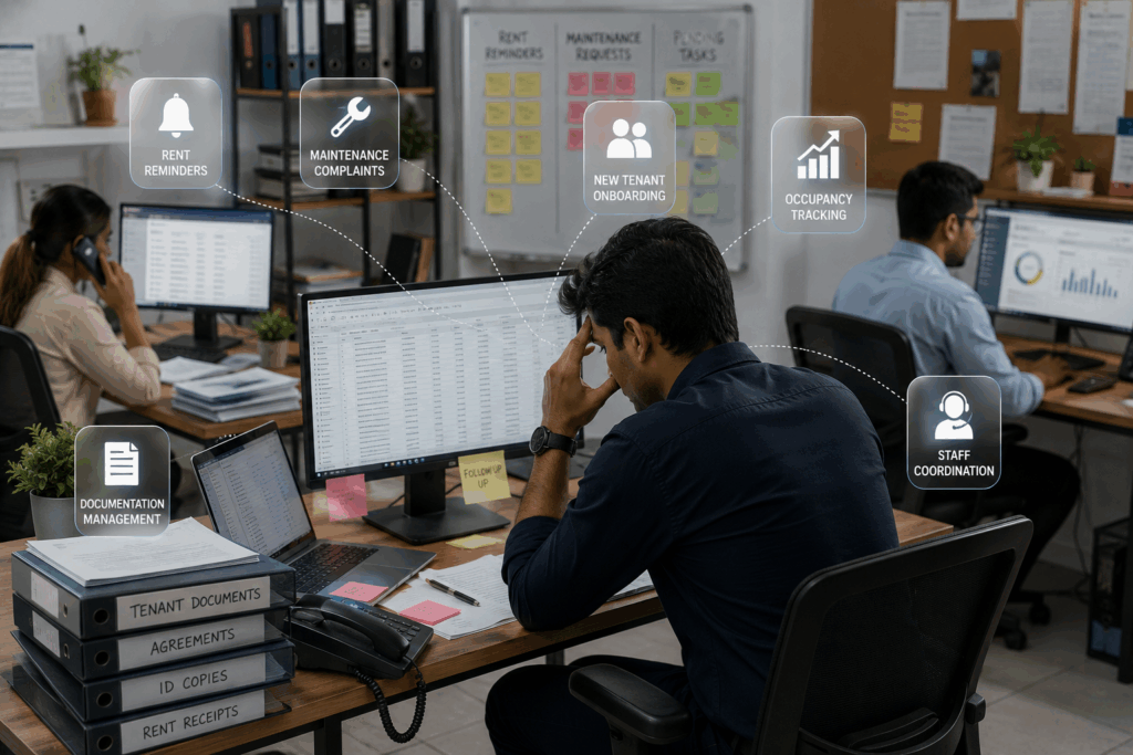 AI Agents, How AI Agents Are Transforming Property Management in 2026, Rentok Overwhelmed property manager handling rent tracking, maintenance requests, tenant onboarding, and occupancy management manually