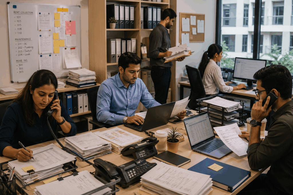 AI Property Management Tasks, 7 AI Property Management Tasks That No Longer Need Manual Work, Rentok Property management team handling rent collection, tenant communication, maintenance requests, occupancy tracking, and administrative workflows through manual processes in a busy rental office.
