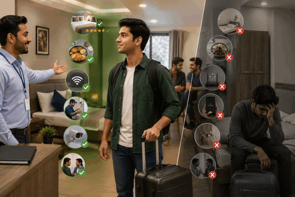 New PG tenant evaluating accommodation during move-in, comparing property management quality, cleanliness, amenities, communication, and overall tenant experience in a modern co-living space.