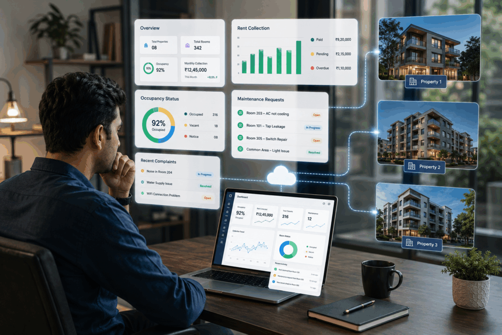 Manage Your PG Remotely, How to Manage Your PG Remotely While You Are on Vacation, Rentok Cloud-based PG management software helping property owners track occupancy, rent collections, tenant records, and maintenance requests across multiple properties.