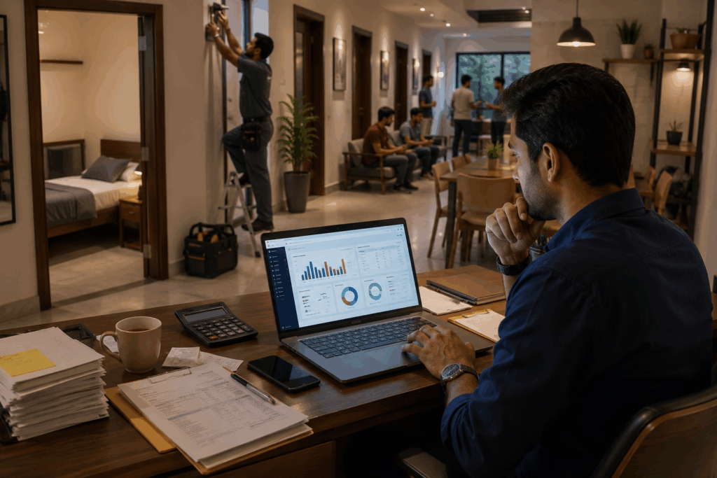 Lose Revenue, Why Most PG Owners Lose Revenue Without Realizing It, Rentok PG owner analyzing occupancy, rent collections, maintenance costs, and operational reports to identify hidden revenue leaks in a modern hostel and co-living property management business.