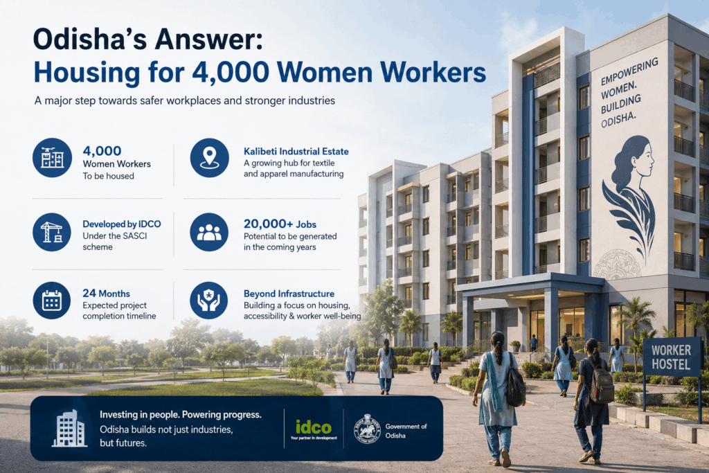 Women Workforce Housing, Odisha’s ₹210 Crore Push for Women Workforce Housing, Rentok Infographic showcasing Odisha’s planned housing project for 4,000 women workers at Kalibeti Industrial Estate, featuring a modern hostel complex, key project statistics, job creation potential, and worker welfare initiatives.