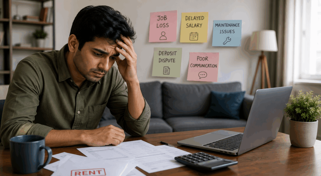 Stressed tenant reviewing bills and financial documents, illustrating common reasons for a tenant not paying rent, including financial hardship and payment delays.