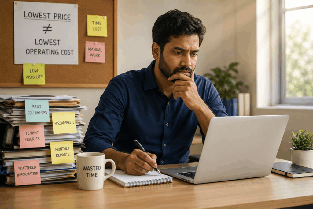 Property manager evaluating property management software while managing rent collection, tenant records, spreadsheets, and daily rental operations in a modern office.