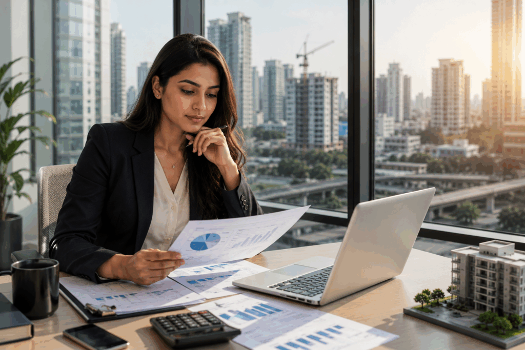 Independent woman evaluating residential property investment opportunities in a modern office, reflecting the growing trend of women homebuyers and real estate ownership in India.