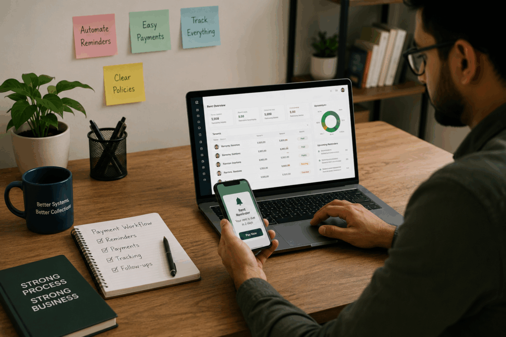 Property manager using automated rent reminders, digital payments, and payment tracking software to prevent rent defaults in a modern rental property.