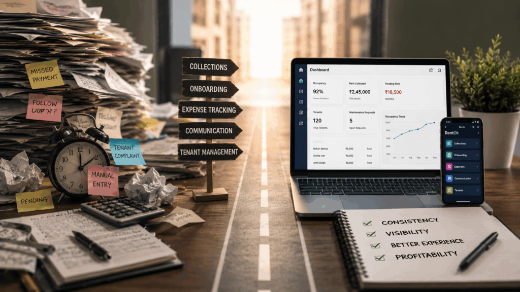5 Mistakes New PG Owners Make, Top 5 Mistakes New PG Owners Make in Their First 3 Months, Rentok Digital property management system helping PG and hostel owners streamline rent collection, tenant onboarding, communication, expense tracking, and occupancy management through automated operations.