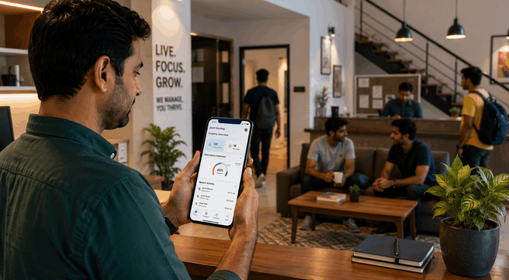 PG Attendance Without Biometric Devices, How to Mark PG Attendance Without Biometric Devices, Rentok PG owner using a mobile attendance app to track resident attendance, occupancy status, and property operations in a modern co-living space
