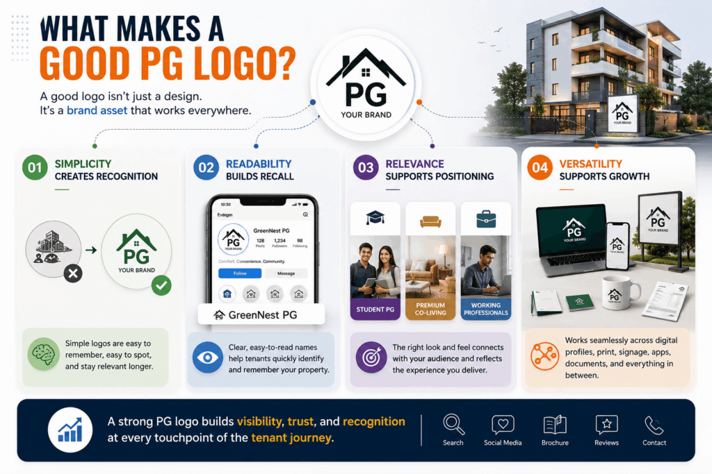 Create a Free PG Logo, How to Create a Free PG Logo in 5 Minutes, Rentok What makes a good PG logo infographic showing simplicity, readability, relevance, and versatility as the foundation of effective property branding.