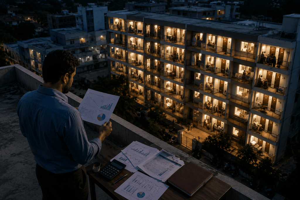 Occupancy Trap, The Occupancy Trap: Why Full Buildings Still Lose Money, Rentok Property owner reviewing financial reports while overlooking a fully occupied PG building at night, highlighting the difference between high occupancy and rental property profitability.